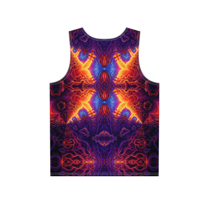 Close-up of the Lilith's Gate print detail on the men's tank top fabric.