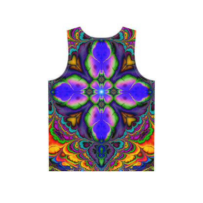 Close-up view of the print detail on the Stillpoint men's tank top.