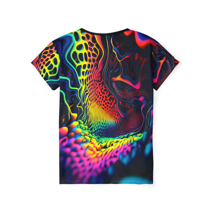 Women's sport tee in the Ferro Field psychedelic all-over print design, close-up of the print.