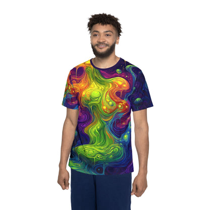 Corner detail of the "I Love Lava Lamp" print men's sport tee.