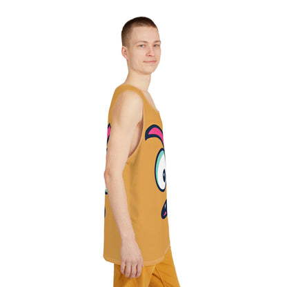Side view of the Confused Face all-over print men's tank top.