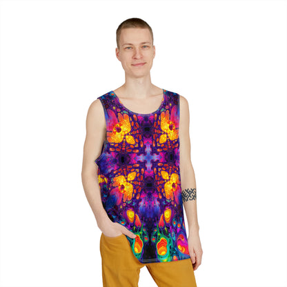 Nebulon Burst men's tank top shown at an angle to highlight the artwork.
