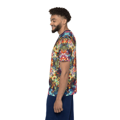 Close-up of the fabric texture on the "Kaleidobloom" print men's sport tee.