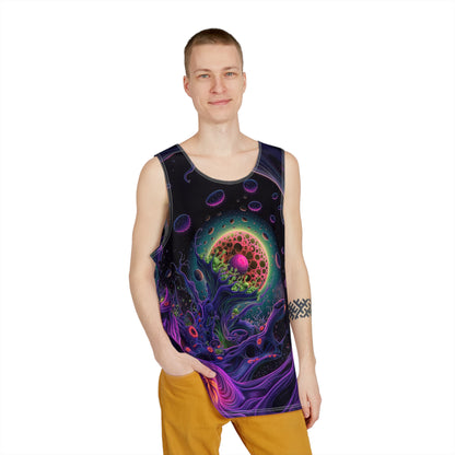 Angled view of a men's tank top featuring the Space Anemone design.