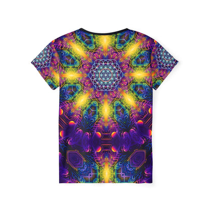 Women's sport tee in the DMandalaT psychedelic mandala all-over print design, close-up of the print.