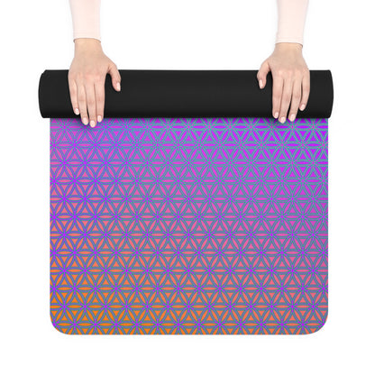 Corner detail of the Flower de Life yoga mat showing the microfiber suede top texture.