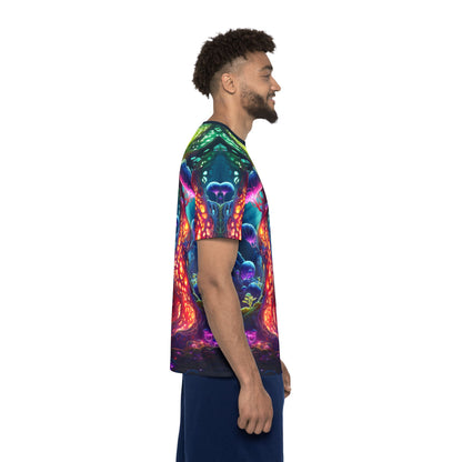 Folded view of the men's sport tee printed with the Fungal Abyss design.