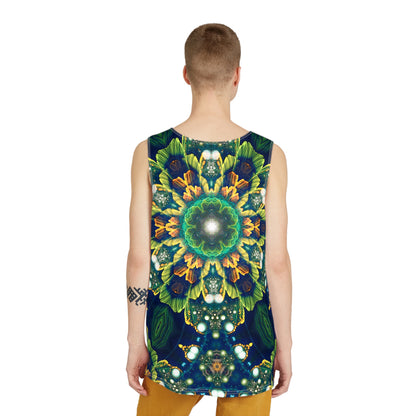 Corner detail of the Nectar Blossom tank top print and stitching.