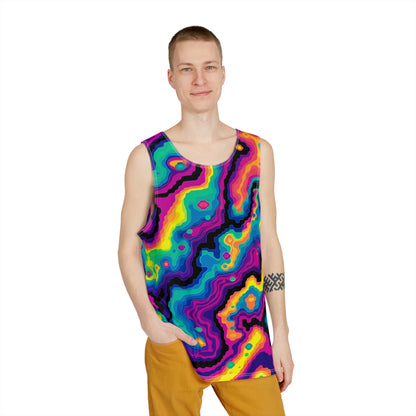 Angled view of the 'Digiheat' men's tank top highlighting the print colors.