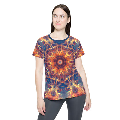 Side view of the Aquatic Rays print on this women's sport tee