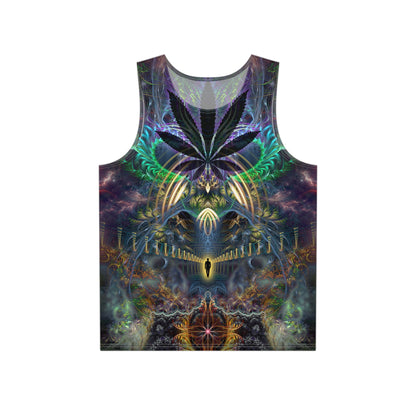 Front view of the Heightened Stroll men's tank top with trippy art design.