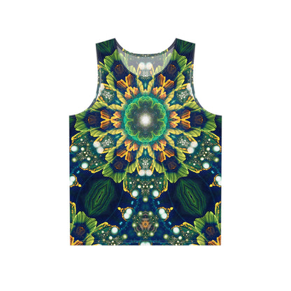 Flat lay of the Nectar Blossom men's tank top showing the full psychedelic floral print.