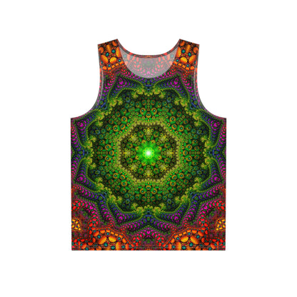 Flat lay of the Oasis men's tank top showing the full psychedelic print.