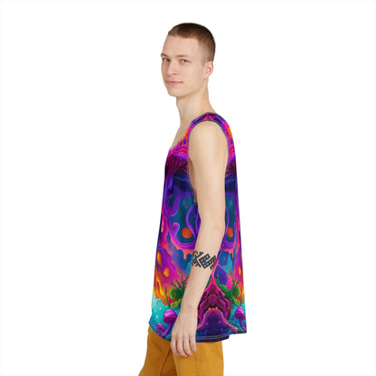 Close-up of the neckline and seam on the Port Gillstown Reflection men's tank top.