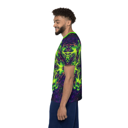 'Goodala' sport tee for men, viewed from above laid flat.