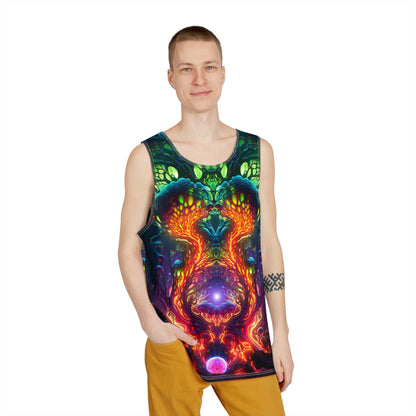 Flat lay of the men's tank top featuring the full 'Mush Dark So Color' graphic design.