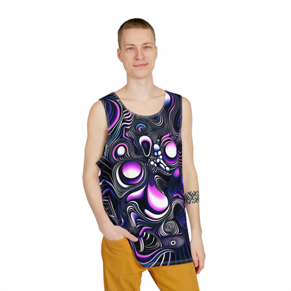 Close-up of the 'Time Is An Illusion' print detail on the men's tank top fabric.