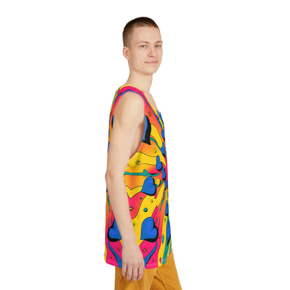 Model wearing the Psychedelic Hearts men's tank top with the trippy heart print visible.