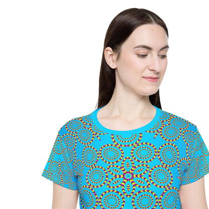 Flat lay of the Loco Motion sport tee showing the full all-over print layout.