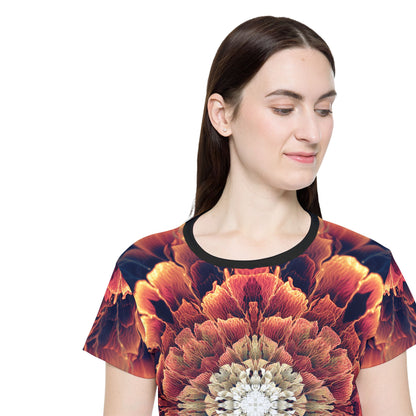 Flat lay of the Mandala Bloom sport tee showing the full all-over print layout.