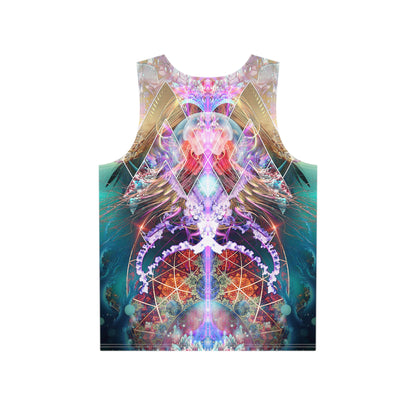 Close-up of the Primordial Soup print detail on the men's tank top fabric.