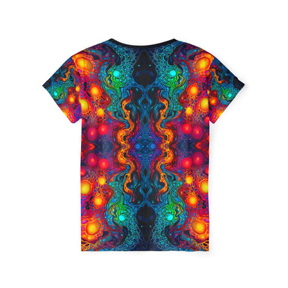 Angled view of the Molten Flow women's sport tee highlighting the print pattern.