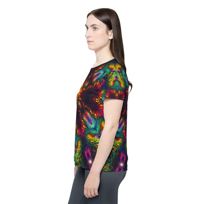 Seed of Knowledge Mandala women's sport tee laid flat.
