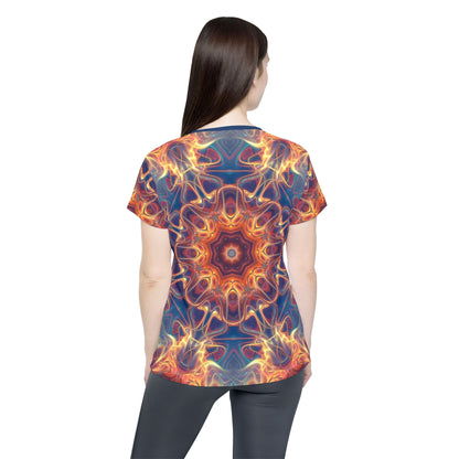 Close-up of the Aquatic Rays all-over print on the women's sport tee fabric