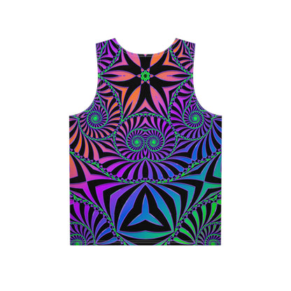 Angled view of a men's tank top featuring The Illusionist design.