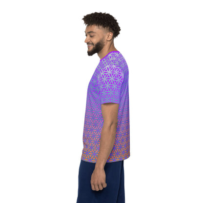 Men's sport tee in the Flower de Life V2 sacred geometry all-over print design, detail of the all-over print.