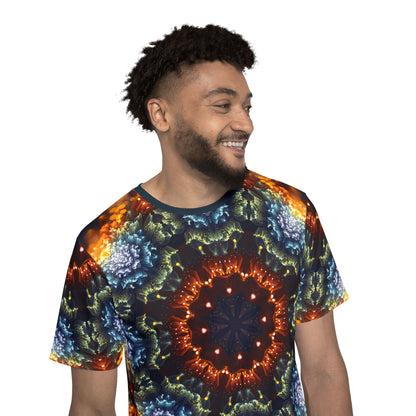Close-up of the sleeve area on the "Fractal Flower Mandala" men's sport tee print.