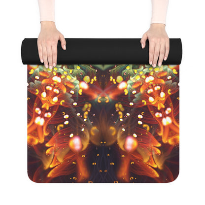 The Autumn Bloom yoga mat unrolled on a hardwood floor.