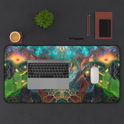 Wide desk setup shot with the To Tree or Not to Tree Bottom Section desk mat in place.