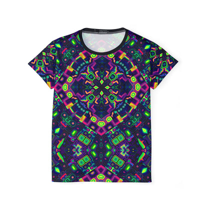 Front view of the Dimensional Shift sport tee, showing the all-over print design.