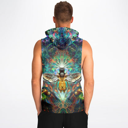 Model wearing the “To Bee or Not to Bee” sleeveless hoodie, back view, showing the all-over print across the back.