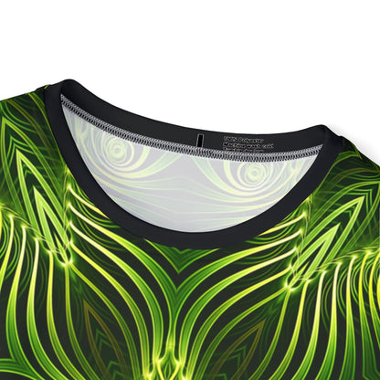 Angled view of the "Green Lattice" print men's sport tee.