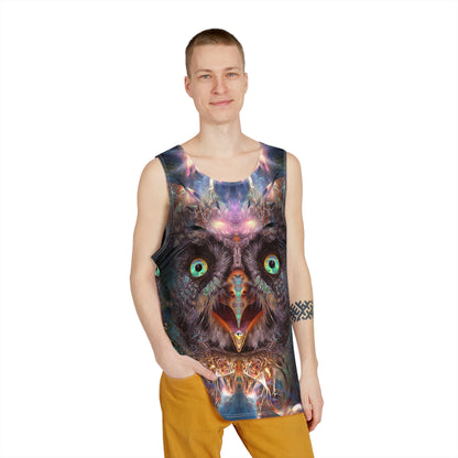 Angled view of the Complete Awareness men's tank top showing the third-eye pattern wrap.