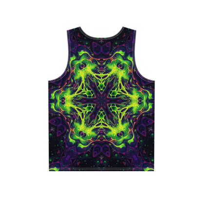 Close-up of the Goodala print on a men's tank top.