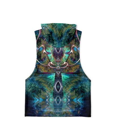 Flat lay of the back of the “Fluer De Vie” all-over-print sleeveless hoodie, showing the full back print.