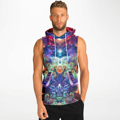 Model wearing the “Magnus Opum” sleeveless hoodie, front view, showing overall fit and length.