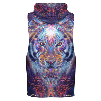 Ghost mannequin back view of the “Empurrress” sleeveless hoodie, showing the all-over print.