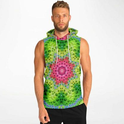 Model wearing the “Starburst” sleeveless hoodie, front view, showing overall fit and length.