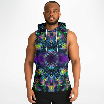 A model wears the Awakened sleeveless hoodie, front view with the double-layer hood visible.