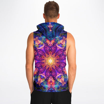 Back view of the 'The Sacred Circle' sleeveless hoodie worn by a model, showing its all-over-print artwork.