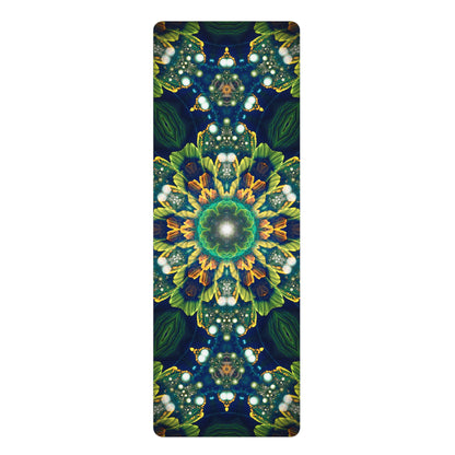Flat lay of a Nectar Blossom yoga mat showing the full edge-to-edge floral print.