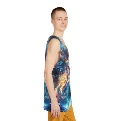 Model wearing the Polaris men's tank top with the cosmic star print visible.
