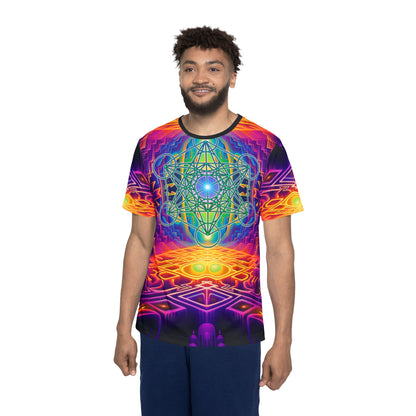 Corner detail of the "Focused Thought" all-over print on the men's sport tee.