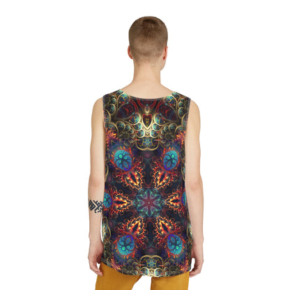 Corner detail of the Stimulous Mandala men's tank top print and fabric.