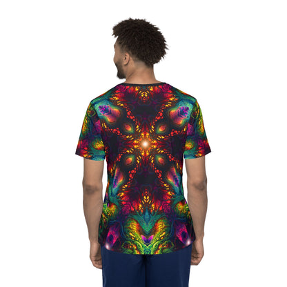 Close-up of the moisture-wicking fabric texture on the Seed of Knowledge Mandala sport tee.