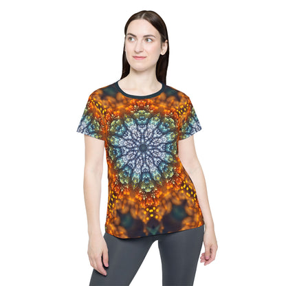 Side view of the Fractal Flower Mandala V2 print on the women's sport tee.